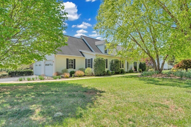 cape cod house with a garage, driveway, and a front yard
