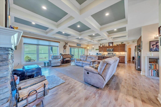 398 River Ridge Rd SE, Copper Hill, VA 24079 - living area featuring beamed ceiling, light wood-style flooring, coffered ceiling, ornamental molding, and recessed lighting