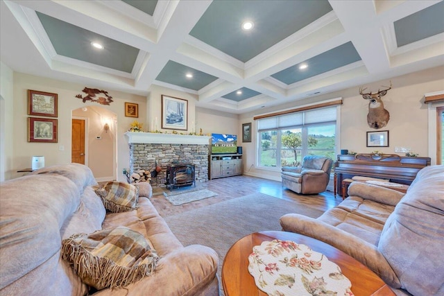 398 River Ridge Rd SE, Copper Hill, VA 24079 - living room with arched walkways, beam ceiling, coffered ceiling, wood finished floors, and baseboards