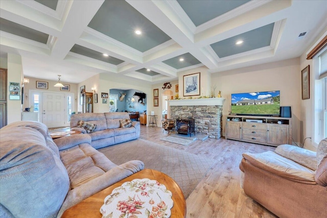 398 River Ridge Rd SE, Copper Hill, VA 24079 - living area featuring coffered ceiling, beamed ceiling, ornamental molding, and light wood finished floors
