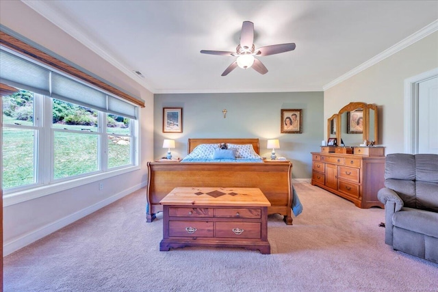 398 River Ridge Rd SE, Copper Hill, VA 24079 - bedroom with light colored carpet, ornamental molding, baseboards, and ceiling fan