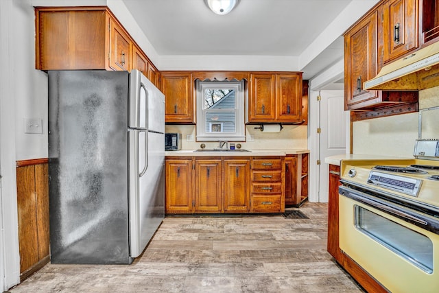 2513 Liberty Rd NW, Roanoke, VA 24012 - kitchen with freestanding refrigerator, stove, light wood finished floors, under cabinet range hood, and a sink