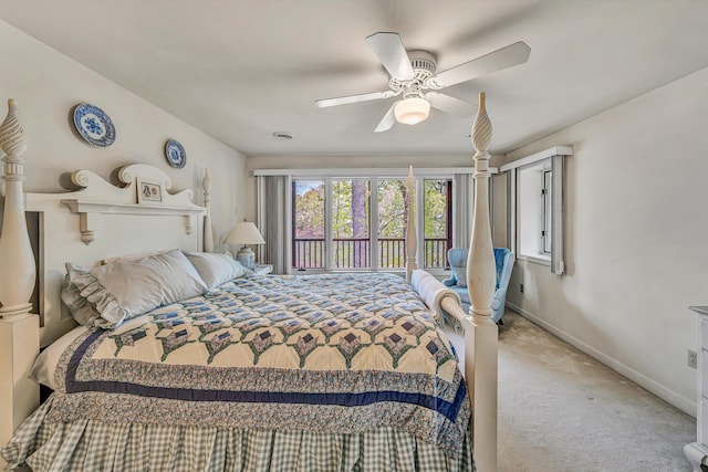bedroom featuring carpet floors, a ceiling fan, and baseboards