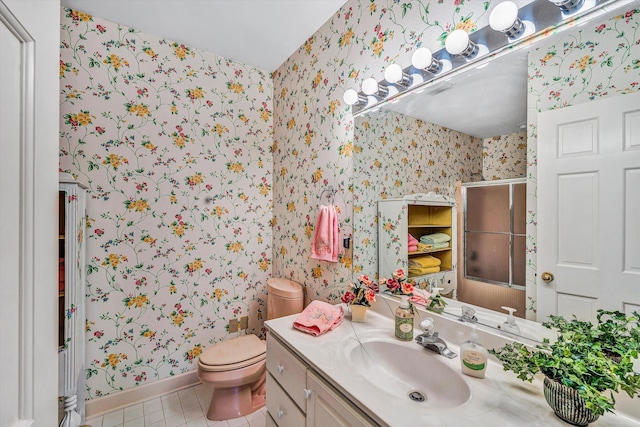 full bath with toilet, a stall shower, baseboards, wallpapered walls, and tile patterned flooring