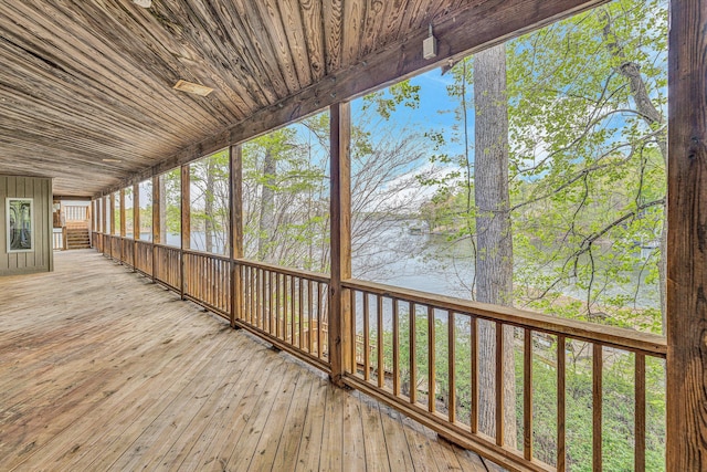 wooden terrace featuring a water view