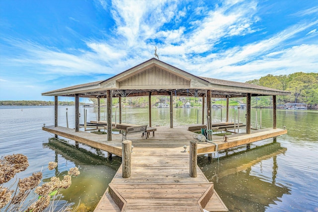 dock area featuring boat lift and a water view