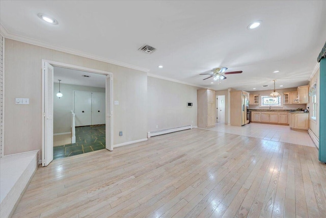 5241 N Spring Dr, Roanoke, VA 24019 - unfurnished living room featuring baseboard heating, crown molding, light wood-style floors, ceiling fan, and baseboards