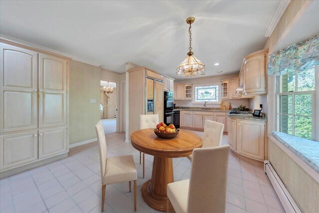 5241 N Spring Dr, Roanoke, VA 24019 - dining room with a chandelier, a baseboard heating unit, light tile patterned floors, recessed lighting, and crown molding