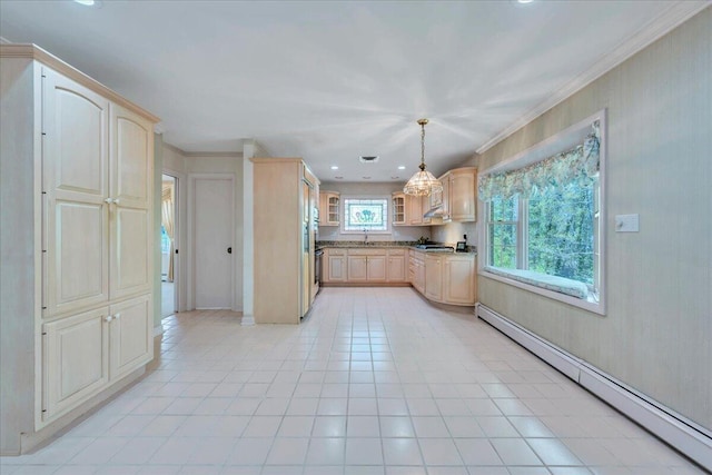 5241 N Spring Dr, Roanoke, VA 24019 - kitchen with a baseboard heating unit, glass insert cabinets, light tile patterned flooring, light brown cabinets, and recessed lighting