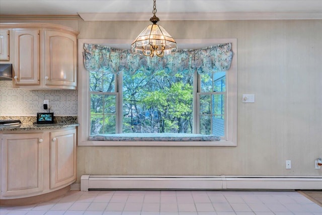 5241 N Spring Dr, Roanoke, VA 24019 - unfurnished dining area with a baseboard radiator, a chandelier, plenty of natural light, and crown molding