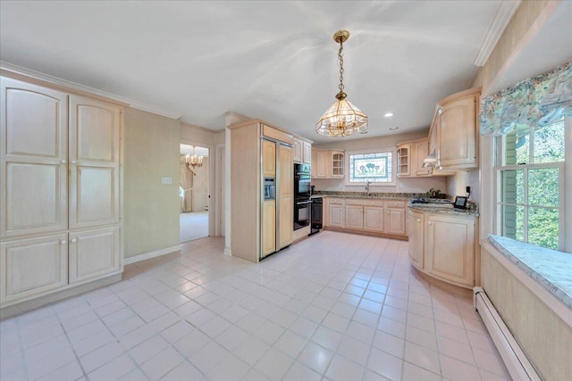 5241 N Spring Dr, Roanoke, VA 24019 - kitchen featuring a chandelier, a baseboard heating unit, light brown cabinetry, a sink, and light tile patterned floors
