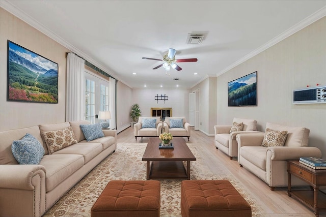 5241 N Spring Dr, Roanoke, VA 24019 - living room featuring light wood finished floors, a ceiling fan, ornamental molding, baseboard heating, and a glass covered fireplace