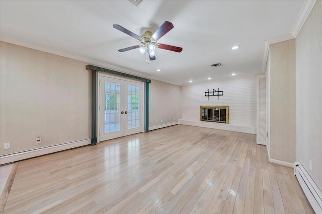 5241 N Spring Dr, Roanoke, VA 24019 - unfurnished living room featuring baseboard heating, ornamental molding, a ceiling fan, light wood-type flooring, and a baseboard radiator