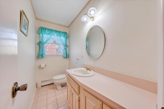5241 N Spring Dr, Roanoke, VA 24019 - bathroom featuring baseboard heating, crown molding, tile patterned flooring, toilet, and vanity