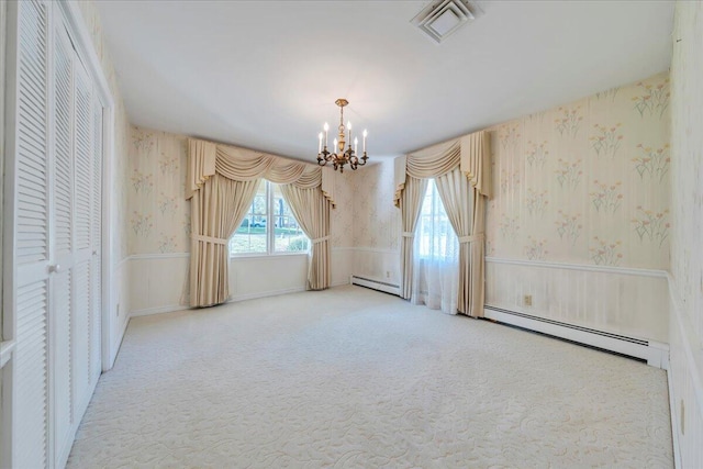 5241 N Spring Dr, Roanoke, VA 24019 - bonus room featuring wallpapered walls, a baseboard radiator, a chandelier, carpet flooring, and a wainscoted wall