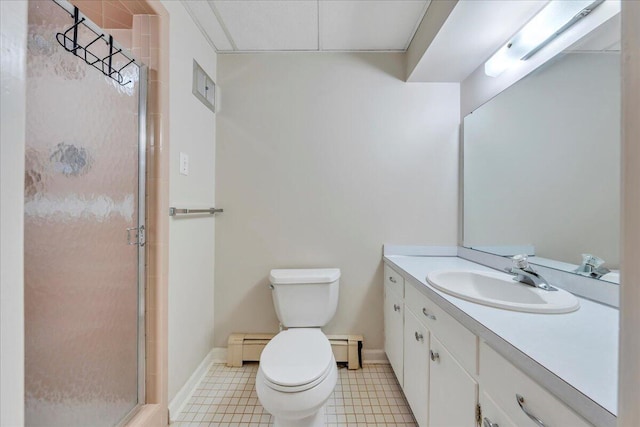 5241 N Spring Dr, Roanoke, VA 24019 - bathroom with a shower stall, baseboard heating, toilet, and vanity