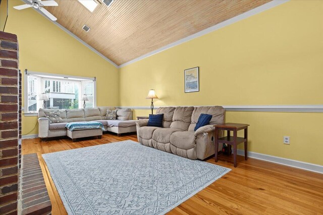 living room with ceiling fan, wooden ceiling, high vaulted ceiling, baseboards, and wood finished floors