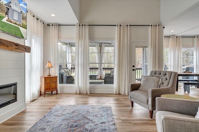 sitting room with wood finished floors, a glass covered fireplace, and a healthy amount of sunlight