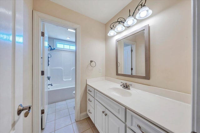 full bathroom with tile patterned floors, toilet, shower / bathtub combination, baseboards, and vanity