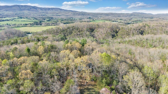 bird's eye view featuring a forest view and a mountain view
