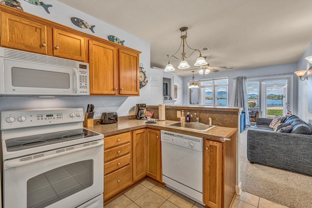 1245 Graves Harbor Trl Unit 206, Huddleston, VA 24104 - kitchen with white appliances, open floor plan, a sink, a peninsula, and brown cabinetry