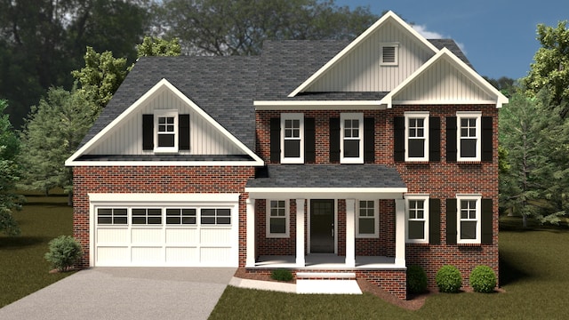 traditional-style home with a porch, board and batten siding, driveway, and brick siding