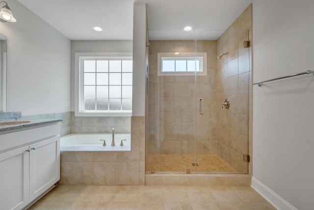 45 Island Green Rd, Daleville, VA 24083 - full bath featuring vanity, a shower stall, a garden tub, tile patterned floors, and recessed lighting