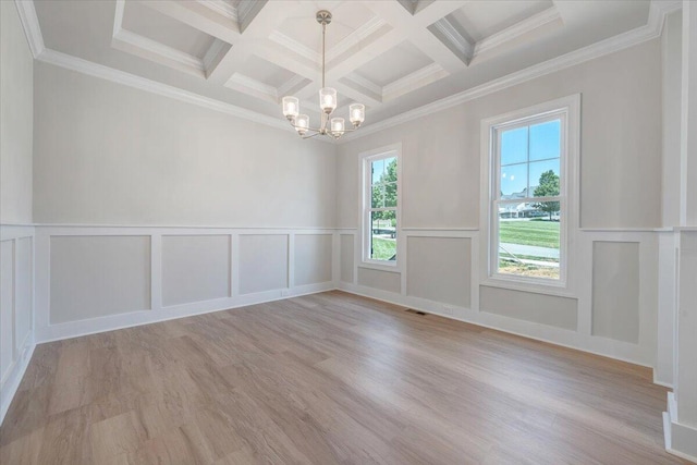 45 Island Green Rd, Daleville, VA 24083 - unfurnished room with coffered ceiling, beamed ceiling, a chandelier, a decorative wall, and ornamental molding