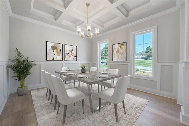 45 Island Green Rd, Daleville, VA 24083 - dining room featuring coffered ceiling, a chandelier, beamed ceiling, light wood-style floors, and a decorative wall