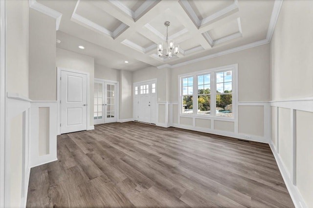 45 Island Green Rd, Daleville, VA 24083 - unfurnished room with a chandelier, french doors, beamed ceiling, recessed lighting, and coffered ceiling