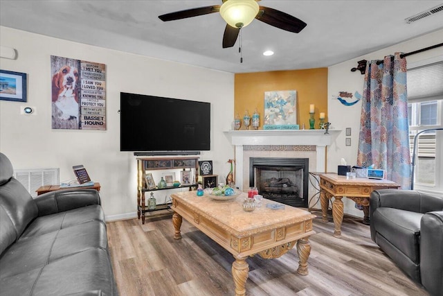 38 Point Pleasant Ave, Salem, VA 24153 - living room with a ceiling fan, visible vents, wood finished floors, and a fireplace