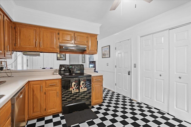 kitchen with black electric range oven, tile patterned floors, under cabinet range hood, light countertops, and crown molding