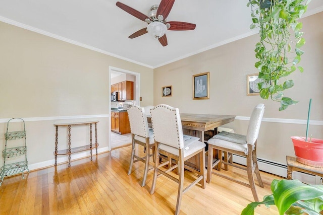 2626 Avenham Ave SW, Roanoke, VA 24014 - dining area with a ceiling fan, light wood finished floors, baseboards, and crown molding