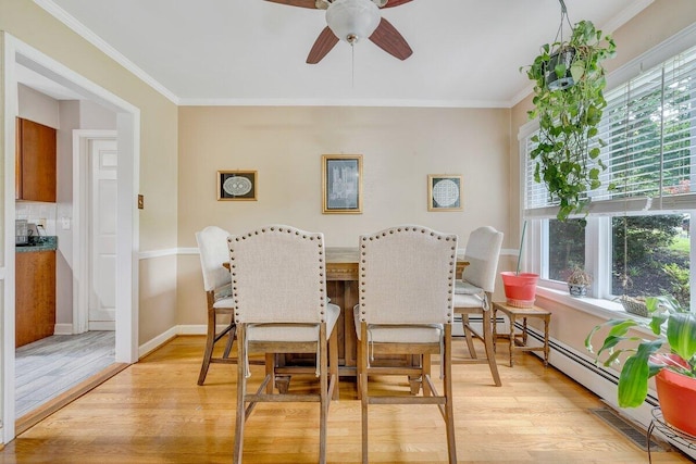 2626 Avenham Ave SW, Roanoke, VA 24014 - dining area featuring a ceiling fan, light wood finished floors, crown molding, and baseboards