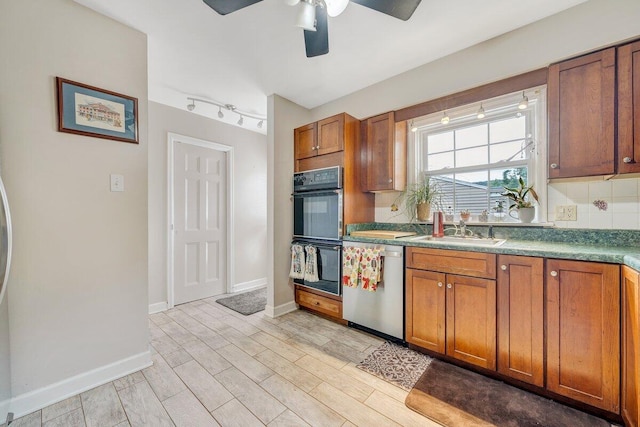 2626 Avenham Ave SW, Roanoke, VA 24014 - kitchen with dishwasher, a sink, brown cabinets, ceiling fan, and decorative backsplash