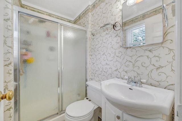 2626 Avenham Ave SW, Roanoke, VA 24014 - bathroom with wallpapered walls, a shower stall, toilet, and vanity
