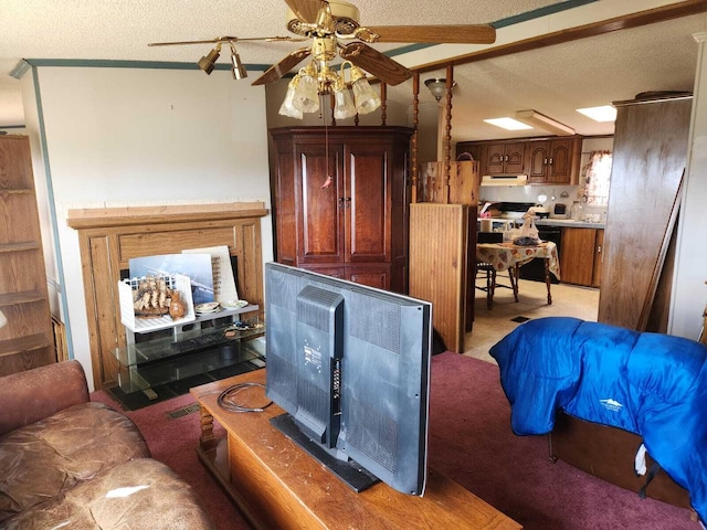 402 Mountain Meadow Dr, Vinton, VA 24179 - living room with light carpet, a ceiling fan, and a textured ceiling
