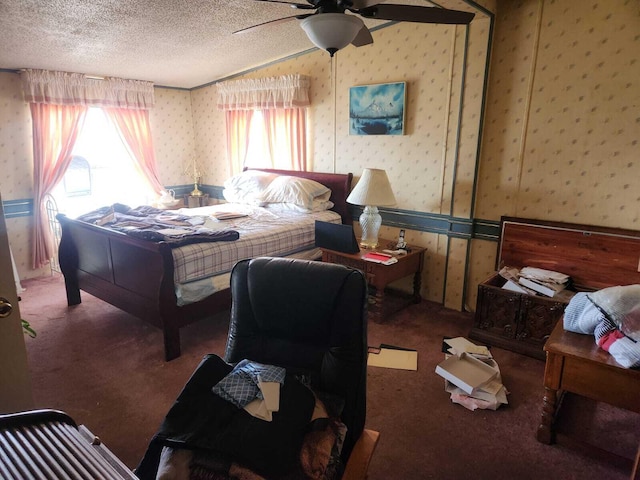 402 Mountain Meadow Dr, Vinton, VA 24179 - carpeted bedroom featuring a ceiling fan, a textured ceiling, and wallpapered walls