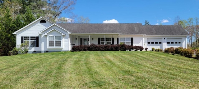 ranch-style home with a garage, a porch, a front lawn, and crawl space