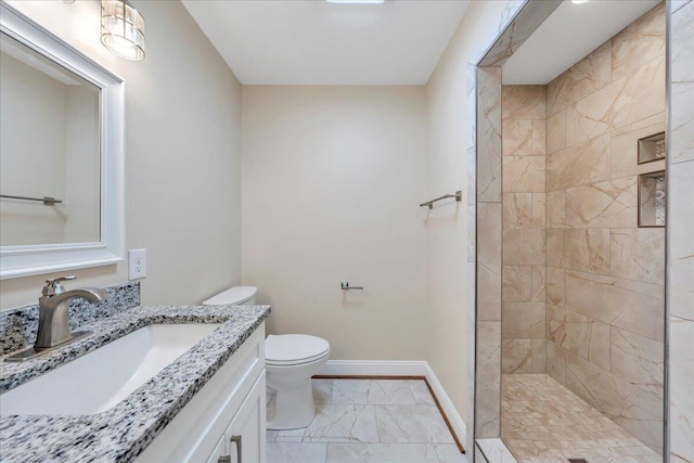 full bathroom featuring toilet, baseboards, marble finish floor, vanity, and a walk in shower