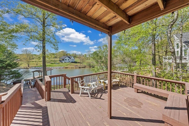 deck featuring a water view