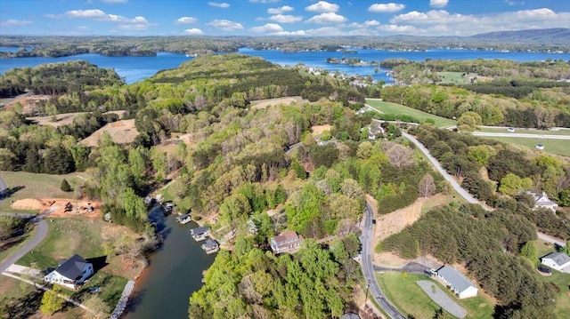 birds eye view of property featuring a view of trees and a water view