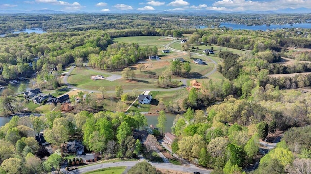 bird's eye view with a water view and a wooded view
