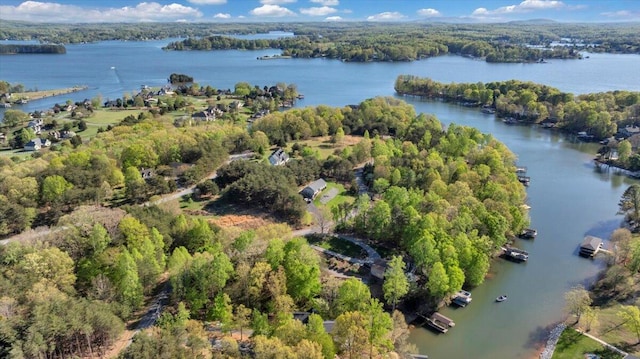 drone / aerial view featuring a view of trees and a water view