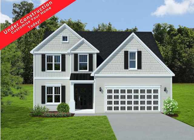 craftsman inspired home featuring concrete driveway and a front lawn