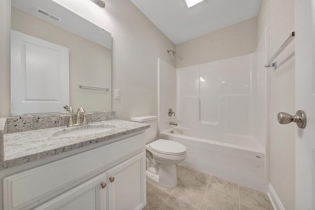 bathroom with vanity, toilet, bathing tub / shower combination, and visible vents