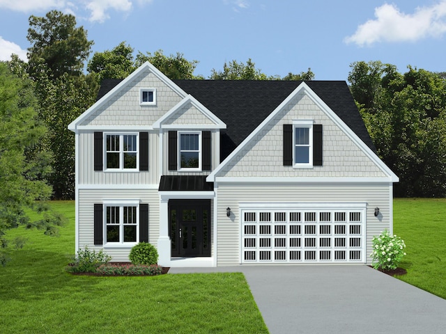 craftsman-style home with concrete driveway, a garage, and a front lawn