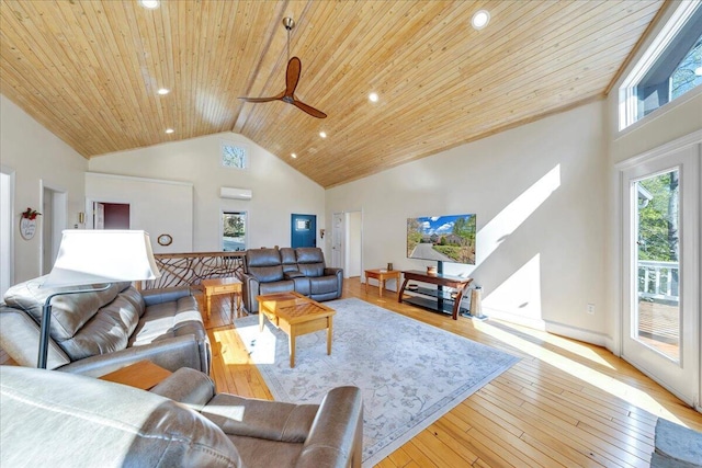 living area featuring recessed lighting, hardwood / wood-style floors, a ceiling fan, wooden ceiling, and high vaulted ceiling