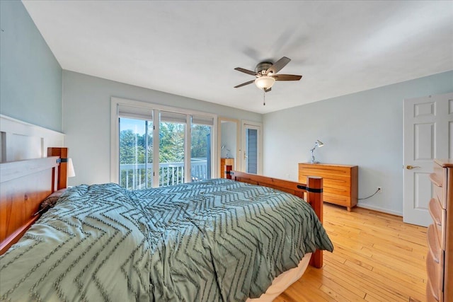 bedroom with light wood-style flooring, baseboards, access to outside, and a ceiling fan