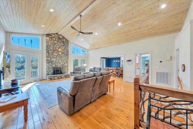 living room featuring visible vents, a ceiling fan, wood ceiling, a stone fireplace, and high vaulted ceiling